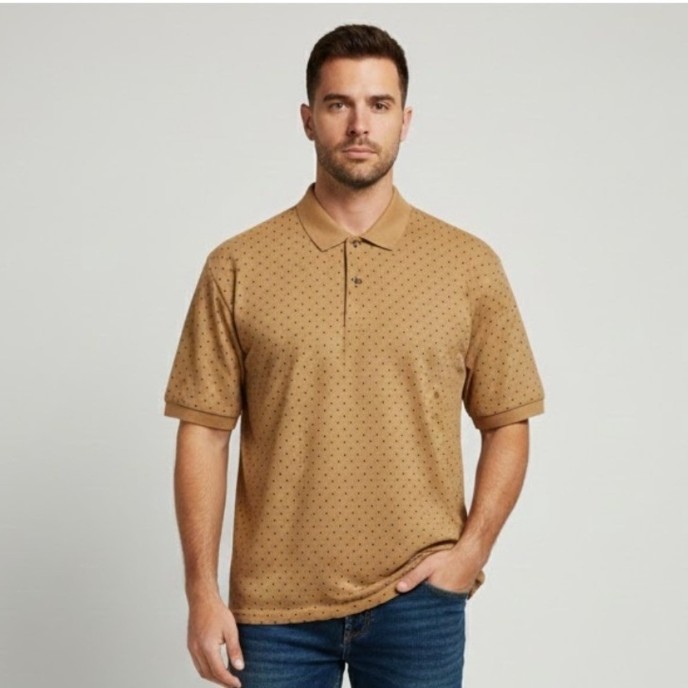 Bolle‎ Golf Mens L Polo Shirt Tan Geometric Print 60s Two Ply Merc Cotton